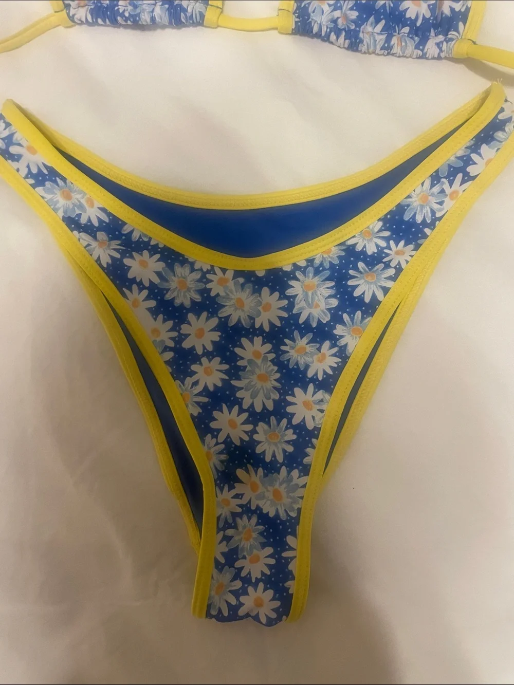 Frankie's Bikinis Blue Daisy Triangle Dove Classic Bikini with Yellow Trim